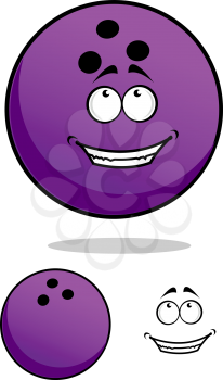 Purple cartoon bowling ball character with happy smiling face and another one with separated elements