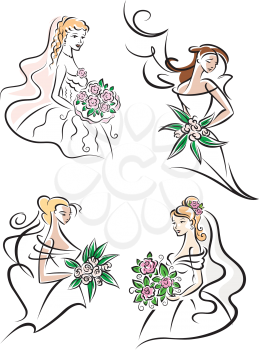 Young brides outlines in elegant white wedding dresses and veils with flowers for marriage, invitation or greeting card design