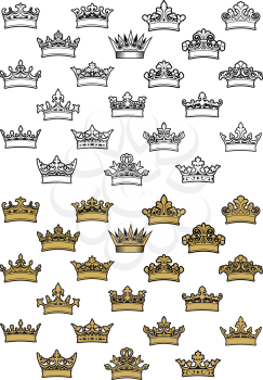 Outline and golden antique heraldic crowns with decorative elements and curlicue isolated on white background