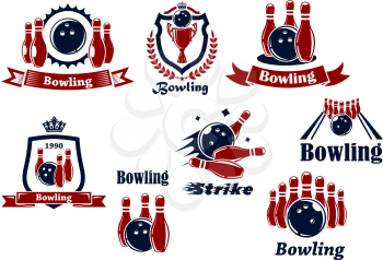 Bowling team or club emblems and icons with bowling balls, ninepins, alley, trophy, shields, banners, crowns, wreath and captions Bowling, Strike in dark blue and red colors