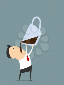 Tired cartoon businessman character in flat style drinking coffee from a huge cup