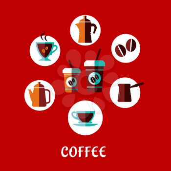 Coffee drink flat concept with beans, cups, saucers, pot and kettle icons