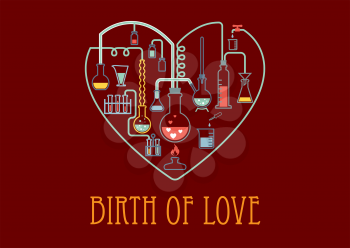 Heart shape with chemical flasks, tubes, vials and text Birth of Love