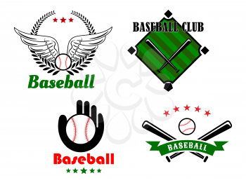 Baseball emblems or badges include baseball balls, glove, crossed bats, people hand, field and wings supplemented with laurel wreath, stars and ribbon banner