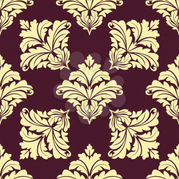Foliate seamless pattern with repeated damask tracery from center to edges of beige leaves scrolls on maroon background for wallpaper and textile design