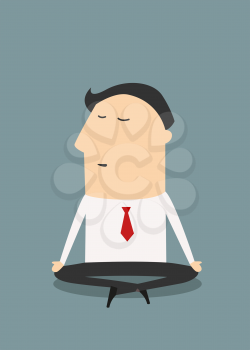 Cartoon meditating businessman sitting in yoga lotus position relaxing during hard workday, flat style