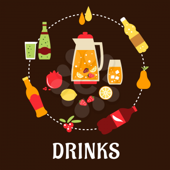 Beverages and drinks flat composition with juice, beer, tea, soda, cocktail and mineral water