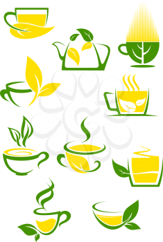 Outlined cups with teapot decorated green and yellow lemon leaves filled hot organic green or herbal tea for cafe and tea shop design