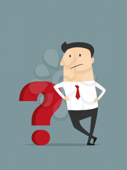 Cartoon confused businessman character standing with hands on waist leaning on a big red question mark for business problem and crisis management concept design
