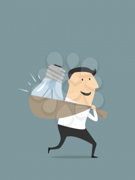 Cartoon smiling businessman character in flat style stealing light bulb as idea symbol suited for intellectual property and copyright concept design