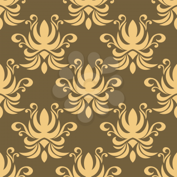 Seamless floral pattern on pale brown background with repeated tracery of abstract yellow flowers decorated swirls and curly tendrils