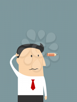 Cartoon overworked businessman with fingers near his temple showing headshot gesture with pencil as a bullet for burnout syndrome concept design