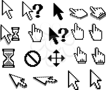 Pixelated graphic cursor icons of arrows, mouse hands, question marks, hourglasses, access denied for software interface and web design