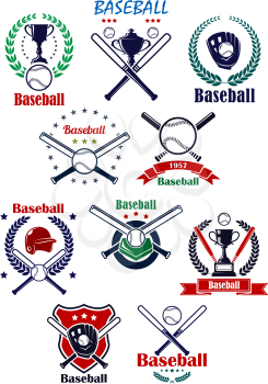 Baseball team emblems or badges with baseball gloves, helmet, balls, crossed bats, home plate and trophy cups completed various heraldic elements