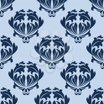Seamless baroque background in shades of blue with densely arranged elegant leaves scrolls and twirls for fabric or interior design