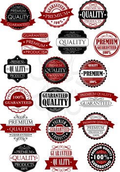 Premium quality guarantee retro labels and banners in black and red colors for product promo design