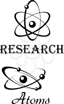 Black science symbols with atom orbital models and captions suited for education or scientific logo concept design