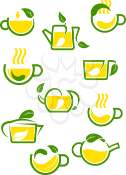Abstract cups and teapots with green or herbal hot tea for healthy nutrition or organic product logo design