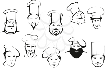 Chef or cook characters in cartoon sketch style in toques with mustaches and beards. Different nationalities and emotional expressions for logo or emblem design