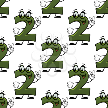 Seamless pattern with cheerful green cartoon number two showing two fingers suitable for mathematics or education concept design