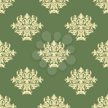 Foliate pattern in baroque style with seamless ornament of ornate beige leaves scrolls and curly tendrils on green background