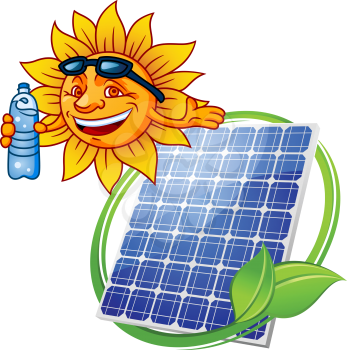 Solar panel eco symbol in cartoon style with blue photovoltaic panel encircled green stem with leaves and cheerful sun with bottle of water