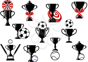 Sports competition symbols for football, soccer, darts and baseball games with trophy cup, ball, bat, darts, target board for sporting championship design