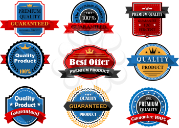 Quality product and guarantee flat labels with long shadows and texts of guarantee premium quality, decorated ribbon banners, laurel wreaths, stars and crowns for retail or sale design