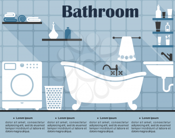 Blue bathroom interior in flat style showing the wall with tile, bath, sink, washing machine, laundry basket and shelves with towels and tubes