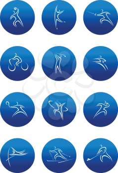 Blue vector round sporting icons with white line sketches of high jump, ice hockey, tennis, skiing, golf, karate, cycling, basketball, dancing and other sports