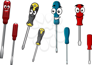 Colorful cartoon screwdrivers characters, one set with happy smiling faces and the other plain