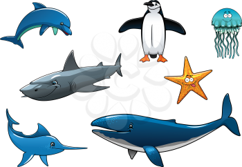 Marine wildlife colored animal characters in vector depicting a dolphin, penguin, shark, marlin, whale, jellyfish and starfish