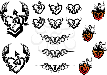Entwined hearts tattoos with wings and flames in black and white and color