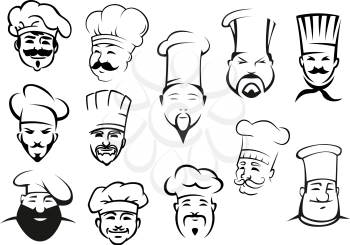 European, american and asian chefs in toques, cartoon sketch style