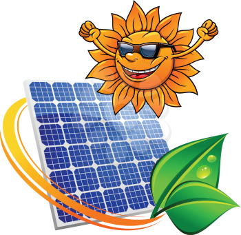 Happy trendy sun wearing sunglasses and cheering with a photovoltaic panel for producing sustainable solar energy entwined with a green eco leaf