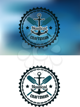 Circular blue nautical craftsman badge or emblem with crossed oars and a ships anchor with a chain frame