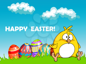 Happy Easter greeting card with colorful easter eggs and a cute fat yellow nestling in green grass under a blue spring sky