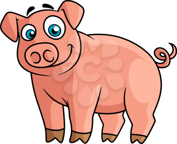 Cute cartoon pink pig with rounded snout, little brown hoofs and funny curly tail suitable for farm animals concept or agriculture design