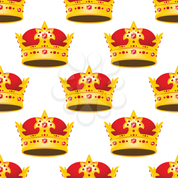 Seamless royal crown pattern in cartoon style with golden coronas decorated gems and red velvet for heraldic or flyleaf design