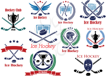Ice hockey club logo or emblems depicting hockey pucks, crossed sticks, protective helmet and mask, trophy cups, gates decorated laurel wreaths, ribbon banners, stars and wings