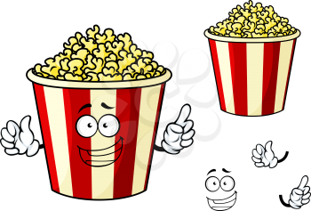 Smiling popcorn cartoon character in classic white and red striped paper bucket suitable for leisure activity concept design