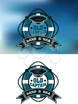 Vintage old captain emblem depicting captain peaked cap in the middle of lifebuoy with rope, ribbon banner and text Land and Sea on white and blue blurred background