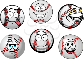 Funny baseball balls cartoon characters with red stitching and smiling faces for sporting mascot design