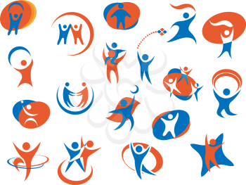 Abstract people silhouette icons or logo templates in blue and orange colors for business, sport or family concept design