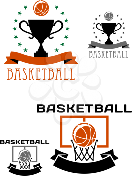 Basketball symbols or logo with balls one in basket and another above trophy cup encircled stars and ribbon banners for sporting competition design 