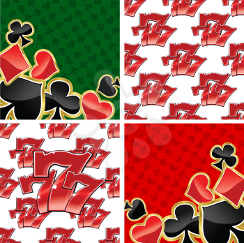 Jackpot seamless patterns and casino playing card suits backgrounds with repeated glossy red triple seven 777 on white and shining spades, diamond, hearts, clubs on red and green