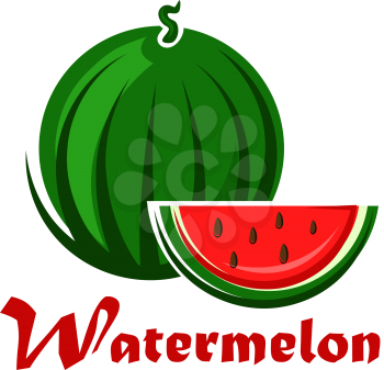 Cartoon green striped watermelon and slice with red juicy pulp and seeds isolated on white background for food design
