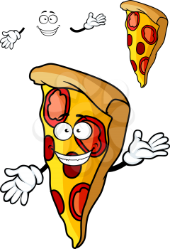 Cartooned slice of pizza with happy face and arms for fast food design