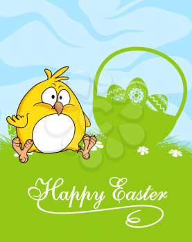 Happy Easter greeting card design with yellow chicken sitting on grass and basket with eggs