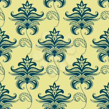 Green paisley floral pattern on yellow background with dainty persian and indian flowers